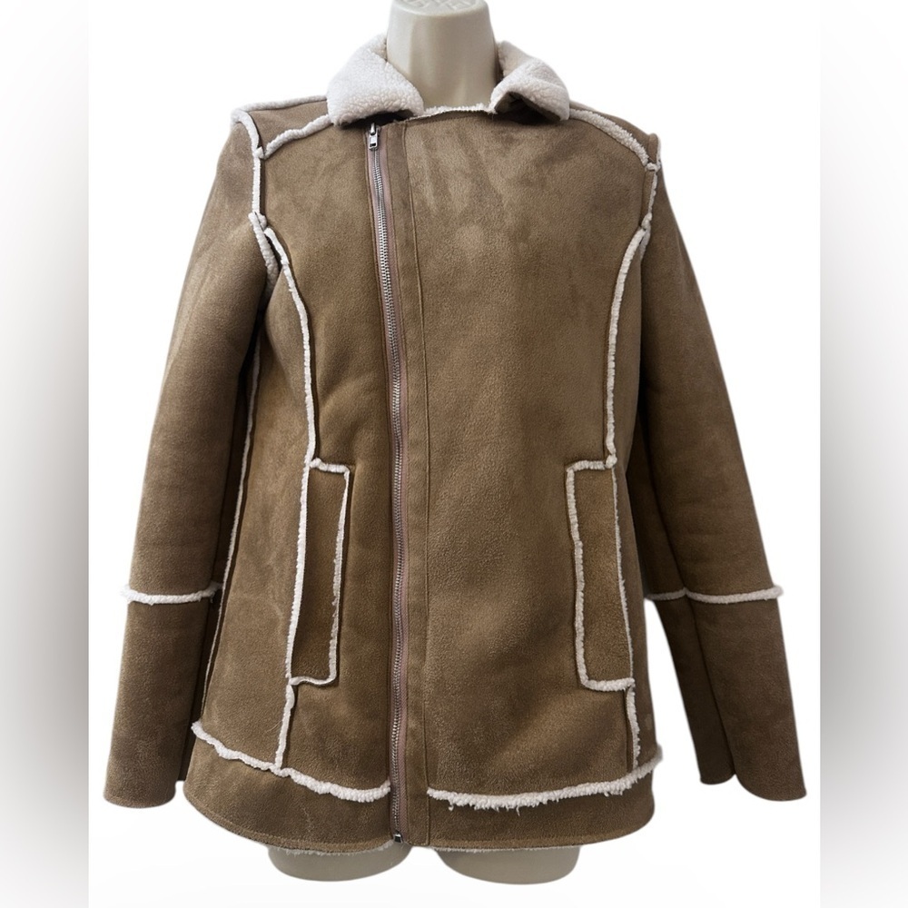 Present and Love Women’s Tan Sherpa-Lined Suede Jacket, Size S - Cozy & Stylish